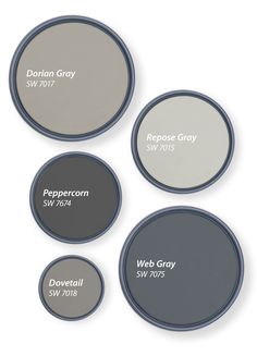 four different shades of gray paint with the names of each color and their corresponding colors