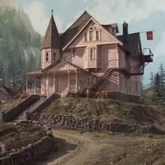 a painting of a pink house on top of a hill with stairs leading up to it