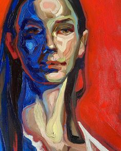 a painting of a woman's face with blue and red paint on her body