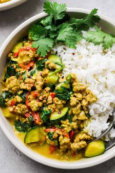 a bowl filled with rice, meat and vegetables