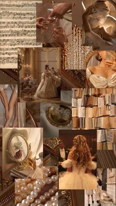 a collage of photos with pearls and other things in them, including an image of a woman's dress