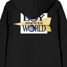 Add a little nostalgia to your wardrobe with this men’s hoodie! The officially licensed Boy Meets World sweatshirt has been custom-designed to feature a big colorful graphic of the series’ unmistakable title logo—an iconic image that’s sure to catch the eye of other fans! Its black hue makes it a versatile addition to your wardrobe, while the attached hood keeps you cozy and stylish in cooler weather. Crafted from a high-quality blend of 60% cotton and 40% polyester, the hoodie ensures both comf Fan Merchandise Hoodie With Logo Print, Hooded Logo Print Hoodie For Fan Merchandise, Hooded Hoodie With Logo For Fan Merchandise, Hooded Hoodie With Logo Print For Fans, Graphic Print Hoodie For Fan Merchandise, Cotton Hoodie With Graphic Print For Fan Merchandise, Cotton Graphic Print Hoodie For Fan Merchandise, Cotton Graphic Print Hoodie For Fans, Authentic Boy