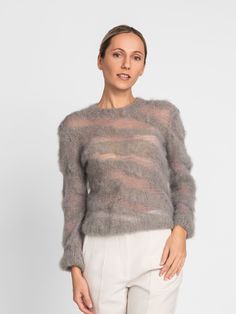 Fine Knit Mohair Tops For Fall, Elegant Mohair Crew Neck Sweater, Winter Fine Knit Mohair Tops, Fall Knitted Mohair Tops, Fine Knit Mohair Tops, Mohair Layering Sweater With Open Knit, Mohair Open Knit Sweater For Layering, Knitted Long Sleeve Mohair Top, Knitted Mohair Tops