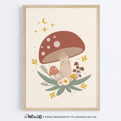 a mushroom with flowers and stars on it is hanging on the wall above a wooden frame