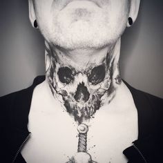 Male Throat Tattoo, Neck Skull Tattoo, Skull Throat Tattoo, Skull Neck Tattoo, Tattoo Mafia, Black Horror, Evil Skull Tattoo, Demon Tattoo