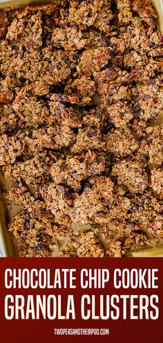 Chocolate Chip Cookie Granola Clusters- big, crunchy granola clusters that taste like chocolate chip cookies! Enjoy with yogurt, milk, ice cream, or eat by the handful for a delightfully sweet snack! Homemade Granola Clusters, Granola Clusters Recipe, Granola Cookies, Granola Bites, Granola Clusters, Protein Granola, Granola Recipe Homemade, Baked Granola, Yogurt Milk