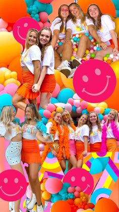 a collage of girls in orange and pink outfits with balloons all around them, smiling at the camera