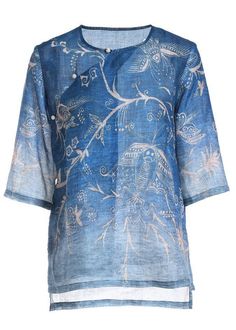 Italian Blue Print Oriental Summer Ramie Shirt Half Sleeve - SooLinen Italian Blue, Half Sleeve Tops, Cotton Shirt Dress, Bohemian Print, Long Summer Dresses, Spaghetti Strap Dresses, Nike Outfits, Blue Print, Spring Dresses