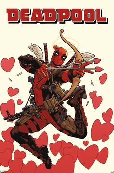 deadpool is flying through the air with hearts around him and holding onto a bow