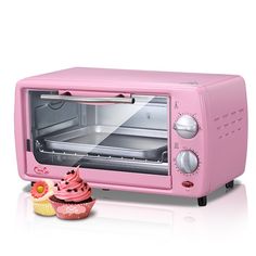 a pink toaster oven sitting on top of a white table