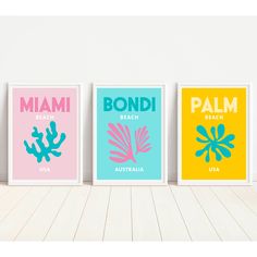 three framed art prints featuring different types of plants and the words, bondi beach, palm