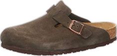 Comfortable Brown Mules For Outdoor, Comfortable Brown Outdoor Mules, Brown Suede Clogs With Cushioned Footbed, Brown Leather Sole Clogs For Outdoor, Brown Slip-on Walking Sandals, Brown Slip-on Sandals For Walking, Brown Round Toe Mules For Outdoor, Comfortable Brown Mules With Buckle Closure, Casual Brown Clogs For Walking