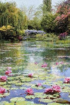 a painting of water lilies in a pond surrounded by trees and bushes with pink flowers