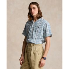 In a lightweight breathable blend of linen and cotton this plaid camp shirt is perfect for warm-weather days. Button Outfit, Camp Shirt, Camping Shirt, Ralph Lauren Shirt, Polo Ralph Lauren Mens, Model Height, Warm Weather, Medium Size, Linen Blend