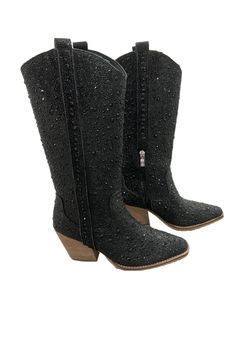 These black boots are perfect for a night out, with stunning rhinestones to complete your look. Chic, stylish and comfortable, these boots will complete any outfit and add a touch of sophistication. Black Rhinestone Boots, Rhinestone Boots, Stylish Boots, Black Rhinestone, Look Chic, The Star, Custom Items, Black Boots, Night Out