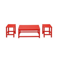 three red tables sitting next to each other on a white background with no one in the photo