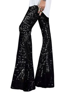 PRICES MAY VARY. Material: Sequins + Lining.This sequin floral trouser is made of high quality full sequins covered for a beautifully embellished with a soft lined for that perfect balance. This extraordinary pair of flare pants features an elastic, stretchy waistband that allows for comfortable wear. Has a relaxed, wide leg fit that is perfect for long hours, day or night! This style of pant is very dazzling, whether it is walking in the street under the sun, or sitting under the neon lights ca Sequin Bell Bottoms, Sequin Wide Leg Pants, Night Out Clubwear, Sequin Flare Pants, Sequin Pants, Wide Leg Palazzo Pants, Stretchy Pants, Flare Trousers, Pantalon Large