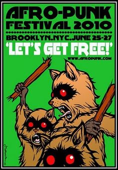 the poster for afro punk festival with two raccoons holding up sticks and red eyes