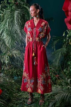 Red chanderi floral applique, threadwork and beadwork shirt dress with a tasseled drawstring waist tie-up. - Aza Fashions Shibori Dress, Shirt Dress For Women, Green Pleated Skirt, Floral Embroidered Shirt, Embroidered Shirt Dress, Elegant Embroidery, Textured Dress, Floral Shirt Dress, Linen Maxi Dress