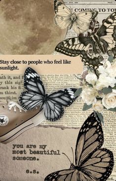 a collage of butterflies and flowers on top of a piece of paper with the words, stay close to people who feel like sunlight