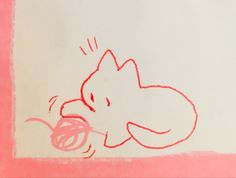 a drawing of a cat with its head in a ball of yarn on a pink and white background