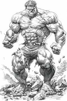 the incredible hulk from avengers comics is shown in this black and white drawing by steve vander