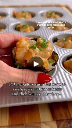 1.4K views · 6K reactions | Hi! I’m Nicole from @kalejunkie!!! FOLLOW me for easy and very yummy recipes like these CRISPY SHRIMP “SUSHI CUPS”! I love making these when the sushi craving hits but want to save money and stay home. Plus who has time to make sushi rolls anyway? The shrimp is tossed in a delicious sauce and gets nice and crispy in the oven—the perfect handheld, bite sized appetizer or meal!⁣
⁣
1 1/2 cups cooked rice, I used jasmine but any rice will work⁣
3 sheets nori, cute into 12 squares⁣
1 lb peeled and deveined shrimp (uncooked), cut into small pieces⁣
Pinch of salt⁣
1/2 cup softened cream cheese⁣
3 tb kewpie mayo⁣
1 tsp sriracha⁣
2 tb soy sauce or coconut aminos⁣
Chives for garnish ⁣
⁣
Prepare 2 cups of rice according to package instructions and set aside. Preheat oven t Sushi Bake, Shrimp Sushi, Asian Dinners, Crispy Shrimp, Bite Size Appetizers, Baked Shrimp, How To Make Sushi, Soften Cream Cheese, Sushi Rolls