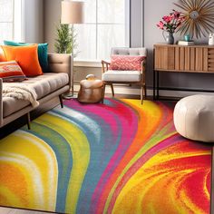 a brightly colored area rug in a living room