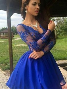 V-neck Long Sleeves Organza Royal Blue Homecoming Dresses 2022 is made-to-order by professional tailors. You can choose from 28 colors and sizes 2 to 16W. Free custom size and easy returns. The dress details: silhouette: A-Line; Hemline: Short; Neckline: V-neck; Color: Royal Blue; Fabric: Organza; Embellishment: Applique; Sleeve: Long Sleeves. Blue Dress Elegant, Royal Blue Homecoming Dress, Royal Blue Homecoming Dresses, Long Sleeve Homecoming Dress, Dress Elegant Short, Long Sleeve Homecoming Dresses, Royal Blue Lace, Blue Homecoming Dresses, Floor Length Prom Dresses