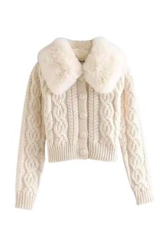 Women’s One-Size Beige Crop Medium Thick Sweater. Trendy Casual  Sweater With Fur Collar For Everyday Wear & All Seasons. High Quality Fabric Abbey Bonimable, Bling Aesthetic, Rabbit Fur Coat, Faux Shearling Coat, Braid Patterns, Fluffy Coat, Karbala Photography, Fitted Cardigan, Jacket For Women