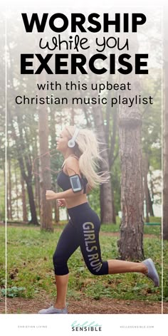 a woman running in the woods with headphones on her ears and text that reads, worship