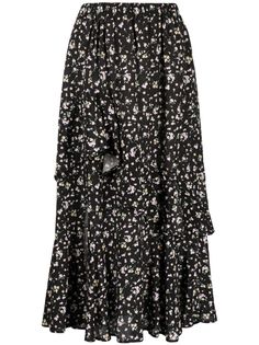 black all-over floral print tiered skirt flared elasticated waistband straight hem calf-length Tiered Floral Print Skirt, Flowy Floral Print Tiered Skirt, Black Flowy Floral Skirt, Hippie Floral Print Tiered Skirt, Black Floral Print Tiered Skirt, Tier Skirt, Tiered Skirt, Curator Style, Skirt Black