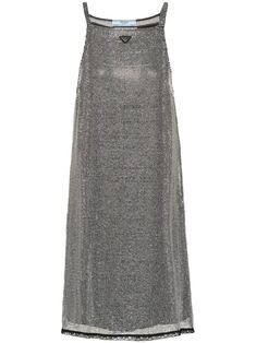 black/silver mesh detailing rhinestone embellishment triangle logo square neck thin shoulder straps shift style lace trim above-knee length layered design Prada Dress Casual, Rhinestone Mesh Dress, Prada Outfits, Mom Dr, Prada Dress, Black Mesh Dress, Chain Dress, Fashion Man, Layered Design