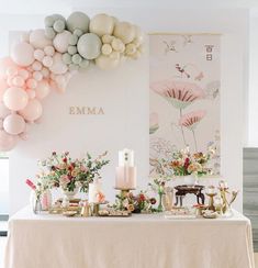 a table topped with lots of balloons next to a wall filled with flowers and candles