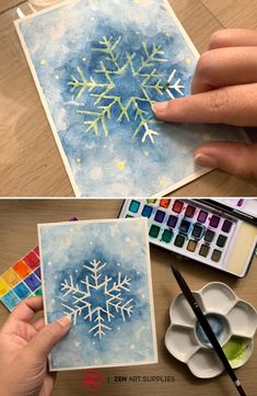 two pictures of someone painting snowflakes with watercolors, and then using the same technique