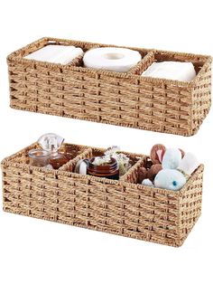 two wicker baskets filled with items on top of each other