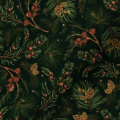 a green background with pine cones and berries