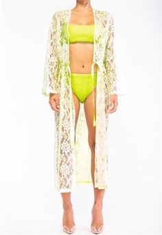 White Wrap Cover-up For Spring, White Wrap Cover-up For Beach Party, Green Spring Cover-up For Beach Party, Chic Beach Season Cover-up With Open Front, Chic Open Front Cover-up For Beach Season, Long Beachwear Cover-up For Spring, Spring Wrap Robe For Beach Cover-up, Long White Cover-up For Loungewear, Long Summer Cover-up For Loungewear