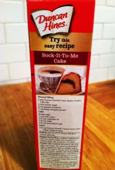 a box of cake mix sitting on top of a wooden table