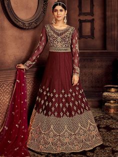 Maroon Net Embroidered Wedding Straight Cut Suit - Inddus.com Net Anarkali Dresses, Maroon Gown, Bridal Anarkali Suits, Bridal Anarkali, Gown Suit, Indian Wedding Outfit