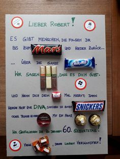 a white board with candy and candies on it