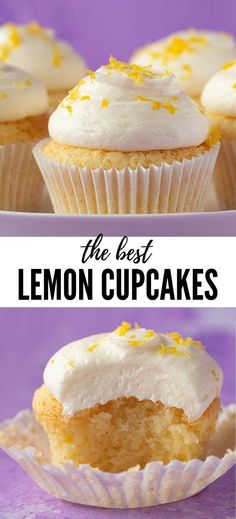 lemon cupcakes with white frosting and yellow sprinkles on top