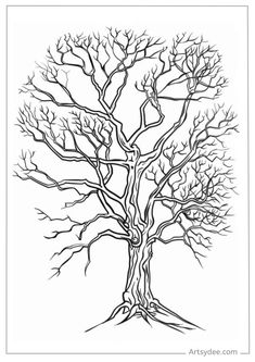 a black and white drawing of a tree with no leaves on the branches in winter