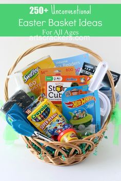 a basket filled with lots of different types of snacks and candy on top of a table