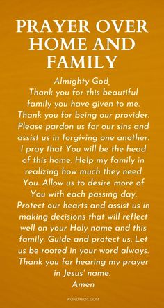 a prayer card with the words prayer over home and family written in white on an orange background