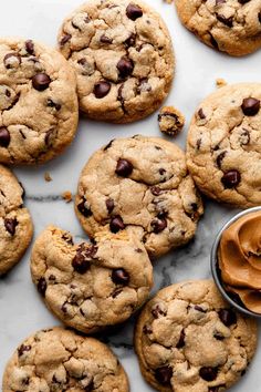 chocolate chip cookies with peanut butter on top