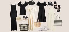 an assortment of black and white clothes, hats, and bags