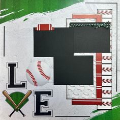 a baseball themed scrapbook page with an image of a ball, bat and letters