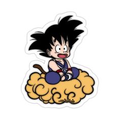 a cartoon character sitting on top of a pile of yellow clouds with black hair and eyes