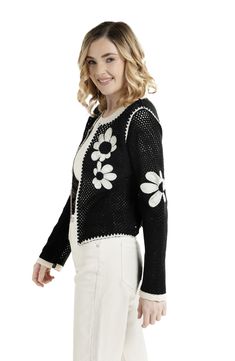 Floral motifs add a statement pop to this whimsical cardigan crafted from crochet looped yarns. Open front Long sleeves 100% acrylic Hand wash, line dry Imported Trendy Crochet Sweater For Spring, Trendy Crochet Cardigan For Spring, Floral Crochet, Indian Embroidery, Fashion Marketing, Sweaters Crewneck, The Seasons, Floral Motifs, Crochet Cardigan